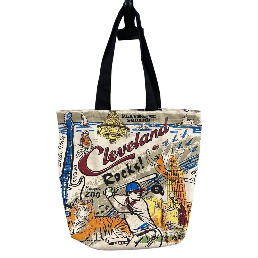 Cleveland Rocks Graphic Canvas Tote Bag‎ Souvenir Travel Cream Large City Scape
